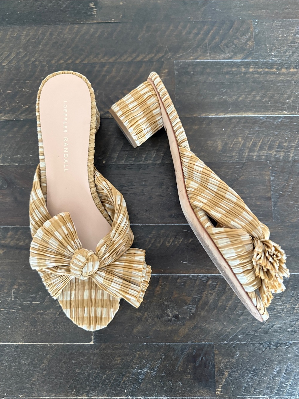 Loeffler Randall Emilia Tan Cream Gingham Pleated Knot Mules